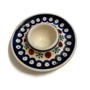 POLISH POTTERY EGG CUP BLUE WHITE HOME DINING DINNERWARE HANDMADE